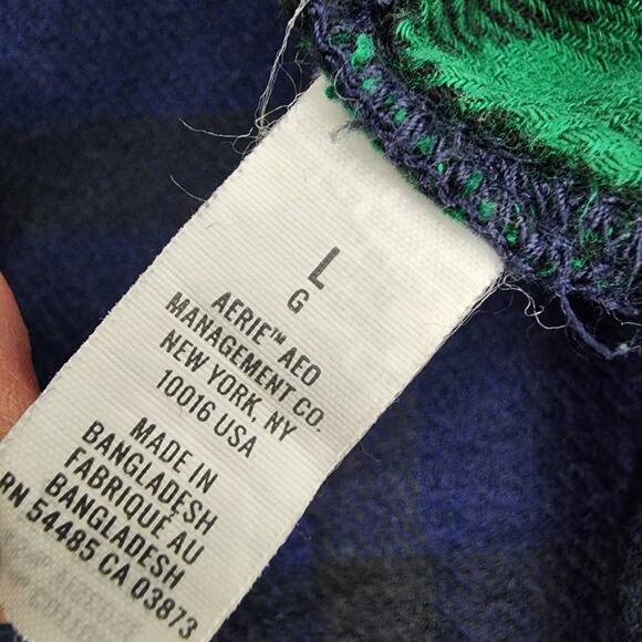Aerie Sleepwear PJ Shirt Large Blue Green Long Sleeve Plaid Button Front Flannel - Picture 10 of 11